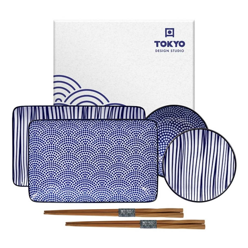 Tokyo Design Studio Sushi Set for 2 Nippon Blue Porcelain Handmade 6 Pcs Giftbox